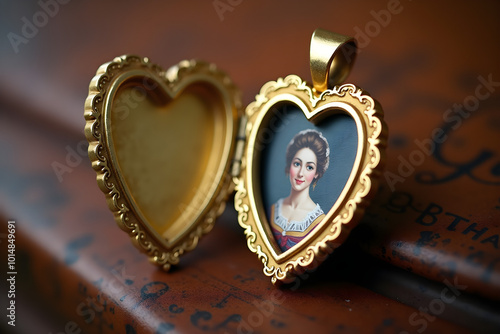 "A heart-shaped locket with a miniature portrait inside." Nostalgic and sentimental still life.