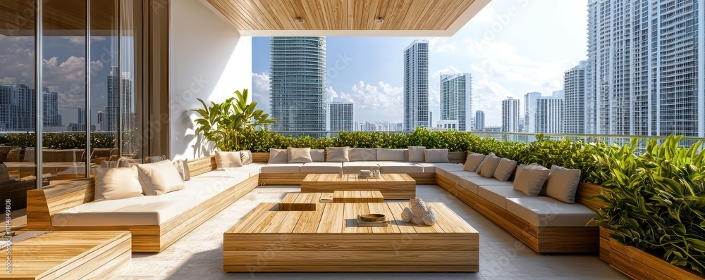 Image showcasing High-end outdoor area on a Miami rooftop with modern wooden seating and ...