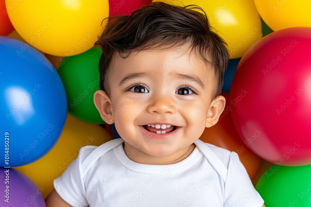 Obraz premium Young girl with curly hair is smiling at the camera. There are many balloons in the background, some of which are pink and some are yellow. Young Child Smiling Amidst Colorful Balloons