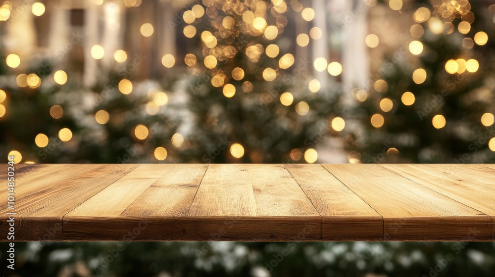 Empty woooden table top with abstract warm living room decor with christmas tree string light blur background with snow,Holiday backdrop,Mock up banner for display of advertise product. Empty woooden table top with abstract warm living room decor with christmas tree string light blur background with snow,Holiday backdrop,Mock up banner for display of advertise product.