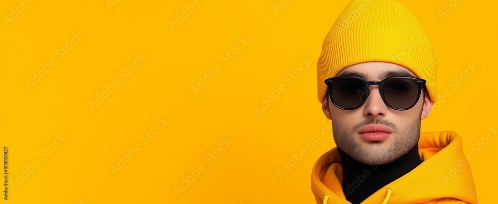 Man with brown hair and a black shirt is standing in front of a yellow wall. He is wearing a black backpack. Youth in casual style with blank tote bag mockup. Man with brown hair and a black shirt is standing in front of a yellow wall. He is wearing a black backpack. Youth in casual style with blank tote bag mockup.