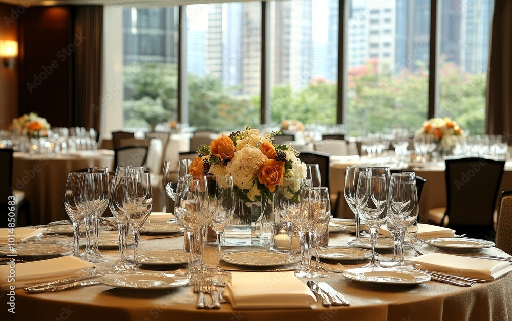 Elegant dining setup with floral centerpiece and glassware, ideal for an event or celebration. Elegant dining setup with floral centerpiece and glassware, ideal for an event or celebration.