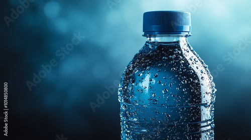 A bottle of water with condensation on it in front of a blue background.