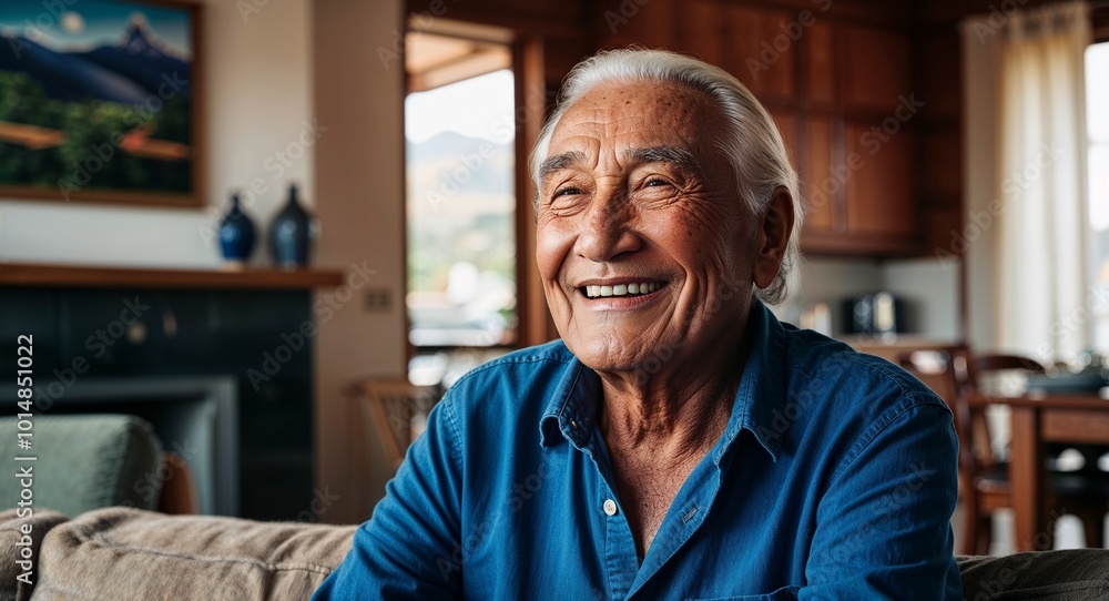 Chilean elder man smiling on living room background Chilean elder man smiling on living room background