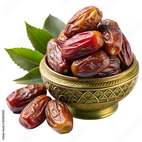 Packaging dates fruits in wooden bowl isolated on transparent background