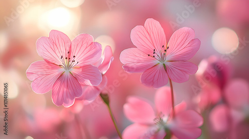 A close-up of pink flax blooms a soft, blurred background