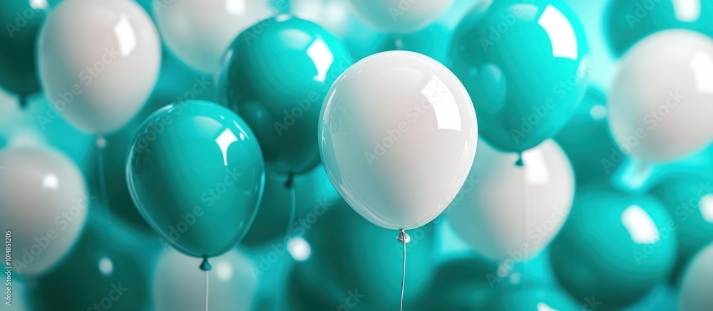 Close-up of white and turquoise balloons floating in the air.