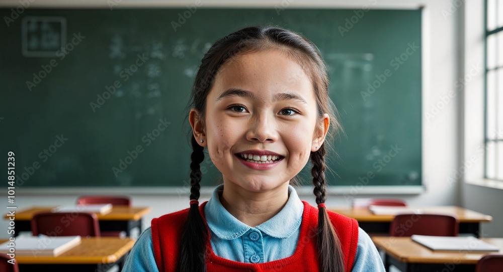 Chinese kid girl smiling portrait on school classroom background Chinese kid girl smiling portrait on school classroom background