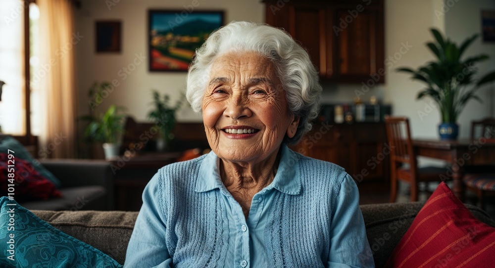 Colombian elder woman smiling on living room background Colombian elder woman smiling on living room background