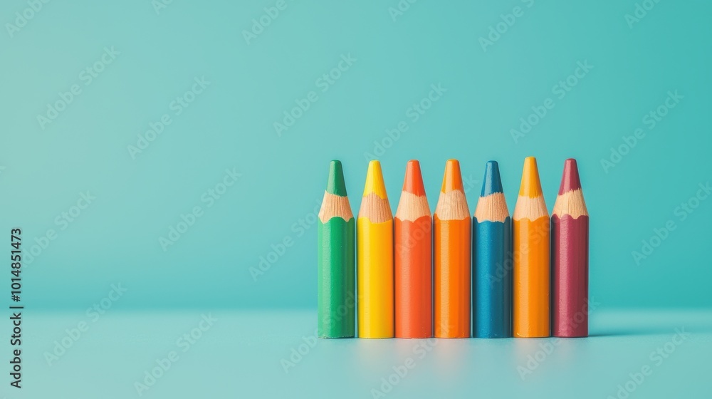 Brightly colored crayons arranged in neat row on turquoise background, showcasing vibrant hues of green, orange, yellow, and purple. This image evokes creativity and playfulness. Brightly colored crayons arranged in neat row on turquoise background, showcasing vibrant hues of green, orange, yellow, and purple. This image evokes creativity and playfulness.