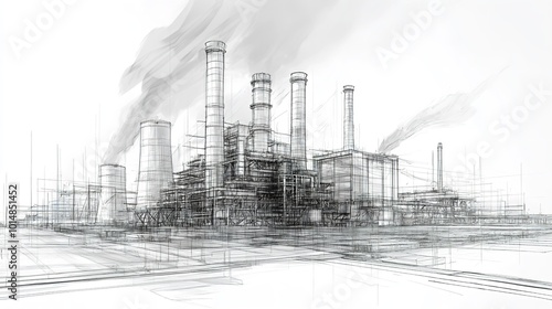 Ink Sketch of a Large Landscape Factory on a White Background photo