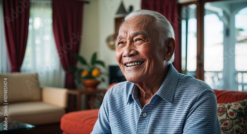 Filipino elder man smiling on living room background