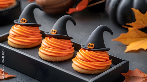 Wallpaper Mural A set of Halloween-themed witch hat cookies in give box, elegant dessert with creamy whipped textures Torontodigital.ca