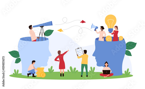 Search for talent professional candidate for vacancy, HR agency decision. Tiny people look through telescope at light bulbs inside open human head, recruit employee cartoon vector illustration