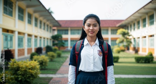 Indonesian girl university college student portrait on school campus background