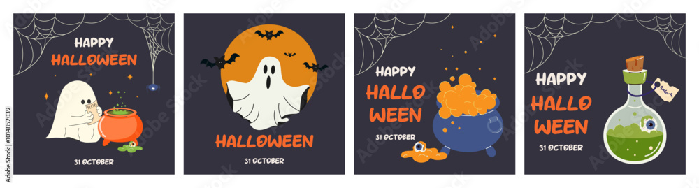 A set of square Halloween posters, covers for social media posts, party invitations, postcards. A ghost, a witch's cauldron of boiling potion, bats, a full moon, an eye. Vector illustration. A set of square Halloween posters, covers for social media posts, party invitations, postcards. A ghost, a witch's cauldron of boiling potion, bats, a full moon, an eye. Vector illustration.