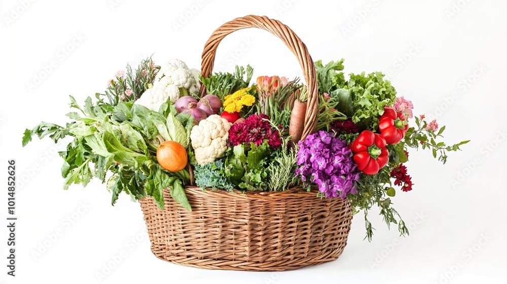 A realistic depiction of a vibrant basket filled with fresh vegetables from the market, showcasing an assortment of colorful produce. The basket features an array of seasonal vegetables A realistic depiction of a vibrant basket filled with fresh vegetables from the market, showcasing an assortment of colorful produce. The basket features an array of seasonal vegetables