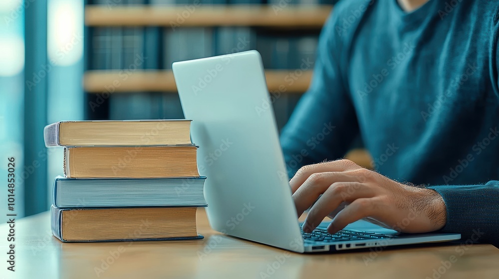 person is focused on typing on laptop, surrounded by open textbooks, creating studious atmosphere. scene conveys sense of concentration and learning. person is focused on typing on laptop, surrounded by open textbooks, creating studious atmosphere. scene conveys sense of concentration and learning.
