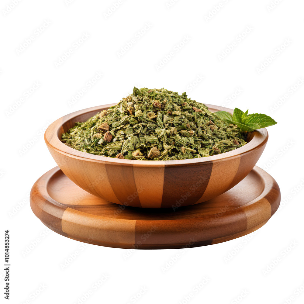 Dried oregano in wooden bowl isolated on transparent background Dried oregano in wooden bowl isolated on transparent background