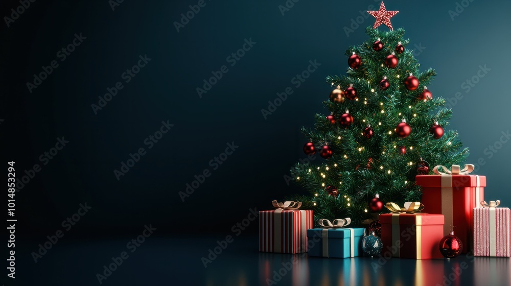 Holidays background with illuminated Christmas tree, gifts and decoration. Holidays background with illuminated Christmas tree, gifts and decoration.