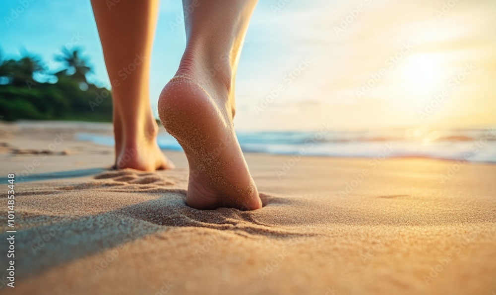 Woman's bare feet walking on a sandy beach towards the ocean at sunset.
