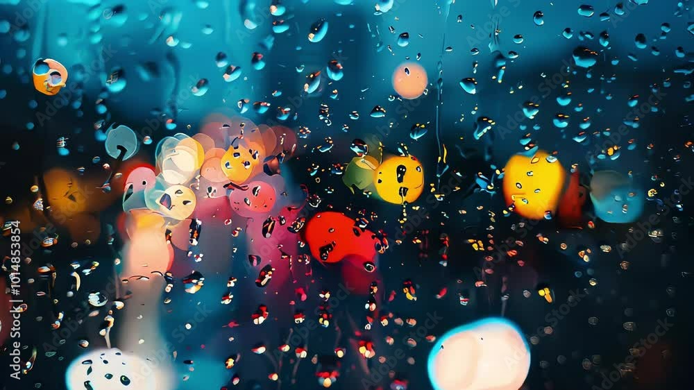 Video of raindrops on glass with colorful bokeh lights in background.