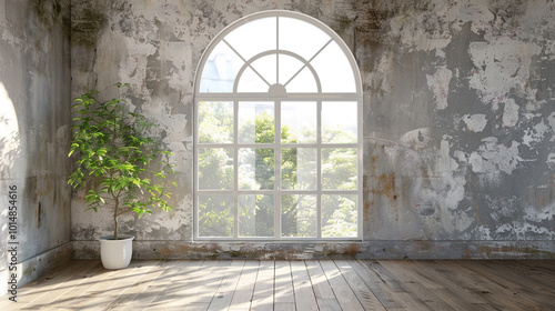 Modern arched window interior with distressed wall and hardwood floor