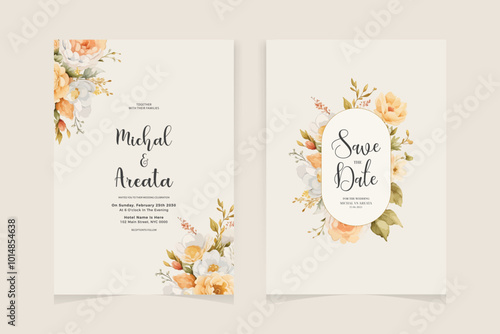 Golden greenery wedding invitation template set with leaves, glitter, frame, and border. Floral decoration vector for save the date, greeting, thank you, rsvp, etc
