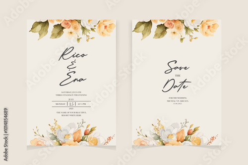 wedding invitaion card set template design with pink rose watercolor and gold leaf