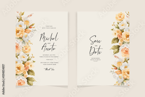 Golden greenery wedding invitation template set with leaves, glitter, frame, and border. Floral decoration vector for save the date, greeting, thank you, rsvp, etc
