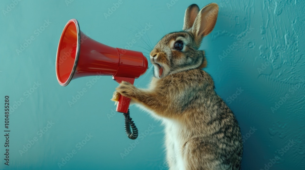 Fototapeta premium A rabbit holds a megaphone in its mouth, a unique and playful image
