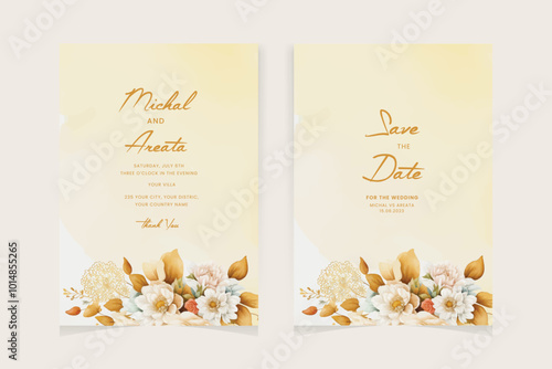 wedding invitaion card set template design with pink rose watercolor and gold leaf