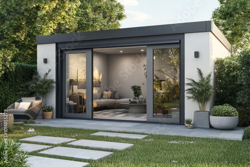 High-resolution image of a garden room with quartz gray sliding doors, set against a modern, geometric backyard Ultra-modern design photo