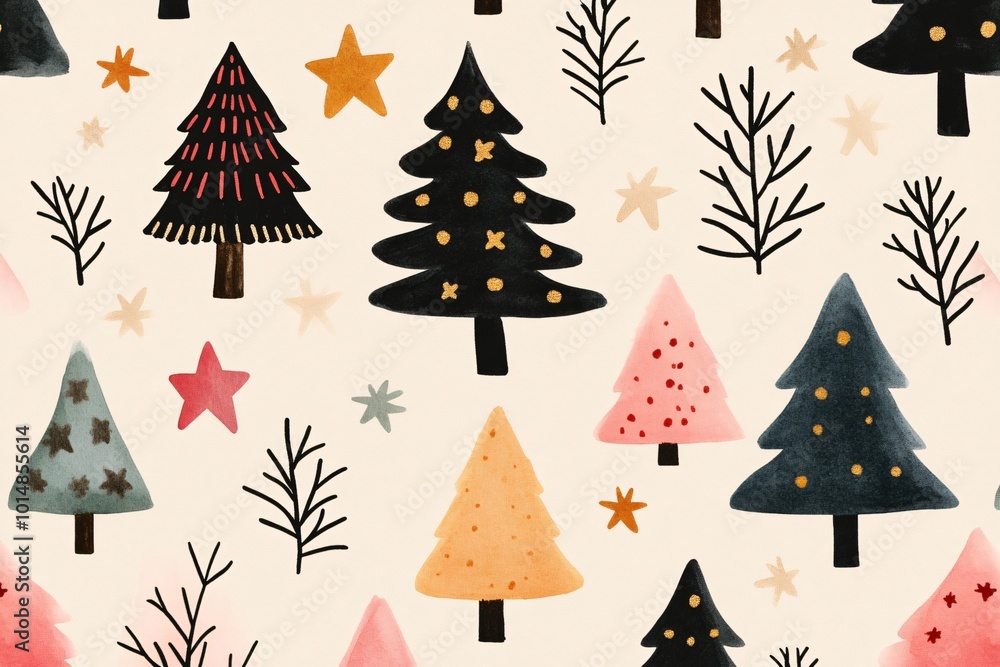Watercolor Scandinavian Christmas elements, trees and stars in simple shapes, neutral tones, soft texture, seamless pattern.