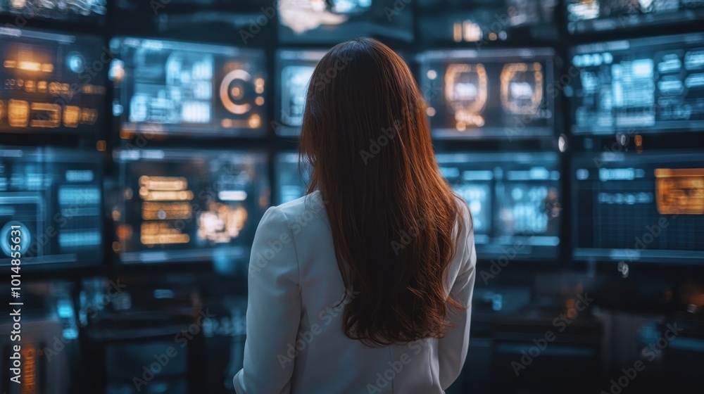 Asian woman viewing floating holographic screens, surrounded by futuristic business technology, indicating progress and innovation. Asian woman viewing floating holographic screens, surrounded by futuristic business technology, indicating progress and innovation.