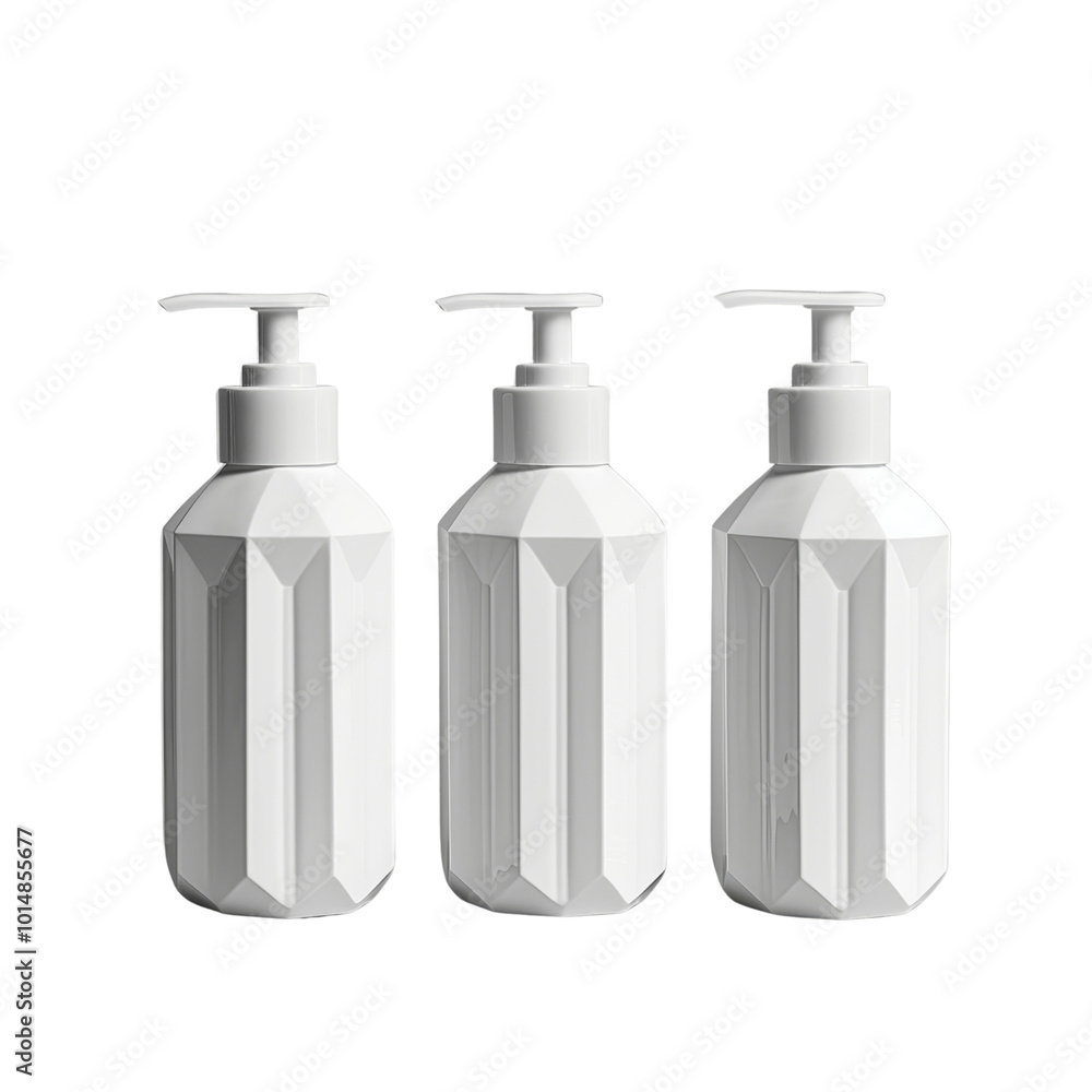 Stylish Set of Three Geometric Shaped Pump Bottles for Dispensing. Stylish Set of Three Geometric Shaped Pump Bottles for Dispensing.
