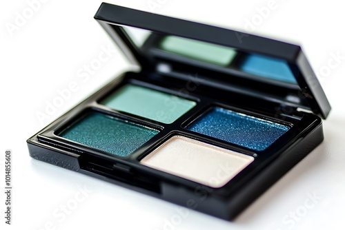 Palette of shadows and makeup brushes on a white background with space for text. Top view.