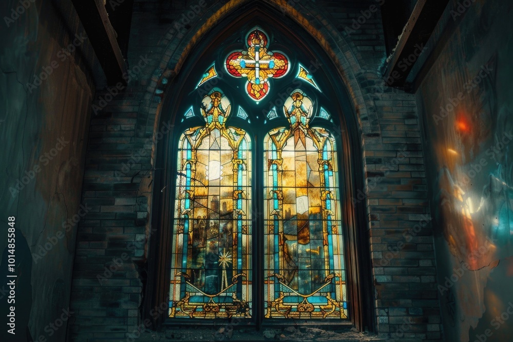 A beautiful stained glass window in a church setting A beautiful stained glass window in a church setting