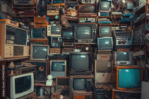 Old TVs and electronics in a room, perfect for nostalgic or retro-themed projects photo