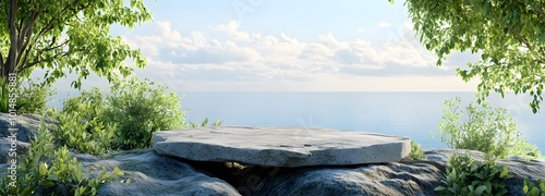 5. A scenic illustration of a flat small stone podium atop a rock platform, with lush green foliage and a calm blue horizon behind it, bathed in soft, natural light, perfect for product displays