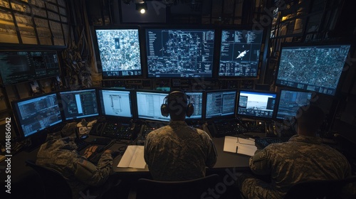 Wallpaper Mural Three soldiers in a military control room, working on multiple computer screens, facing a wall of large screens displaying data. Torontodigital.ca