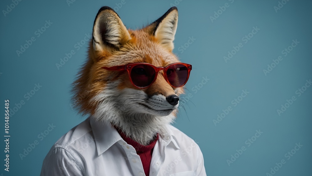 A fox with sleek red fur wearing a white button up shirt