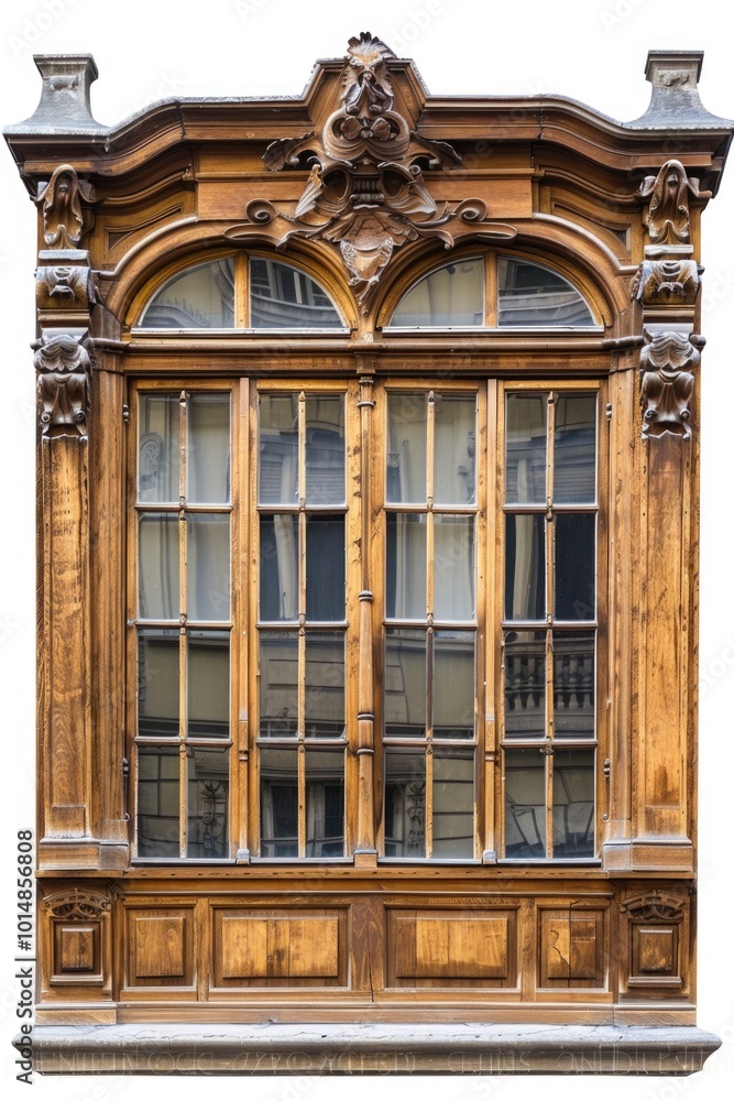 Fototapeta premium A traditional wooden window featuring an old-fashioned clock