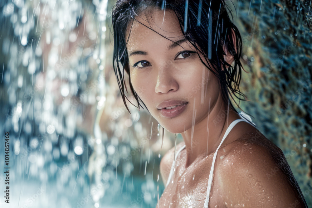 Obraz premium Woman with wet hair standing under a waterfall, embracing nature and refreshing surroundings