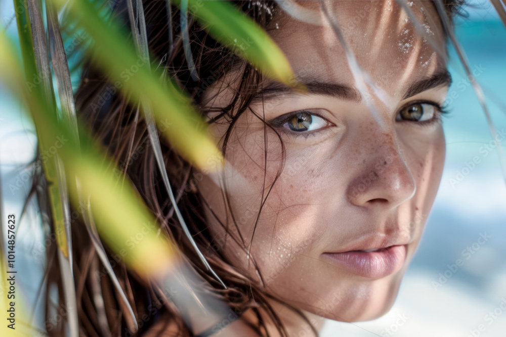 Close-up of a freckled woman under palm leaves on a tropical beach Close-up of a freckled woman under palm leaves on a tropical beach