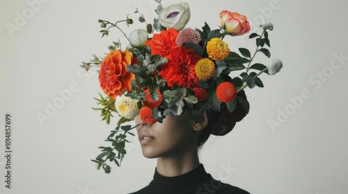 A woman wearing a beautiful flower crown, suitable for wedding, festival or garden themed images