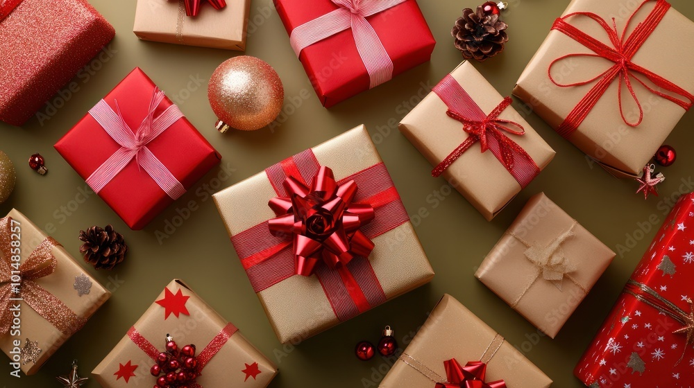 Vertical banner with many gift boxes with paper decorations on olive background. Christmas background. Vertical banner with many gift boxes with paper decorations on olive background. Christmas background.