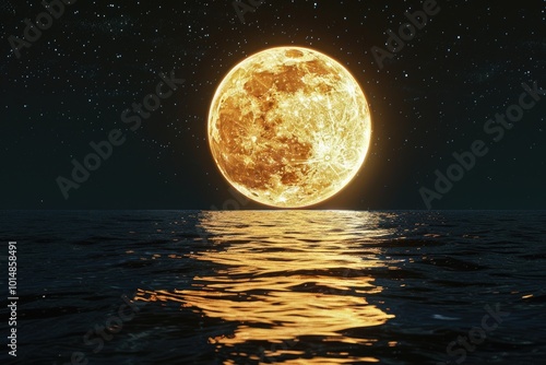 A serene scene of a full moon rising above the calm ocean waters on a quiet night photo