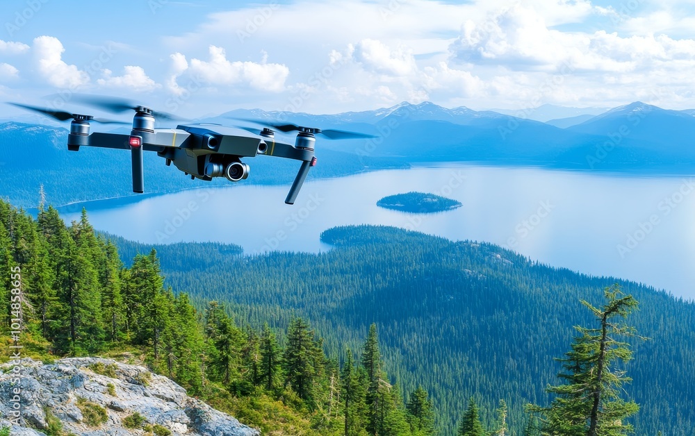 A drone captures stunning aerial views of a serene lake surrounded by lush forests and distant mountains. A drone captures stunning aerial views of a serene lake surrounded by lush forests and distant mountains.