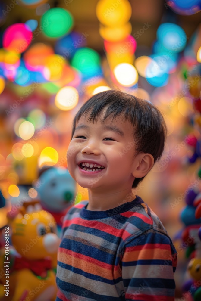 A happy young boy surrounded by his favorite stuffed friends, perfect for children's illustration or playroom decor A happy young boy surrounded by his favorite stuffed friends, perfect for children's illustration or playroom decor